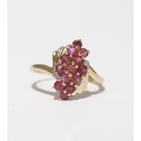 Vintage 14k Solid Yellow Gold Natural Pink Tourmaline & Diamond Ring - Cluster - Picture 2 of 5